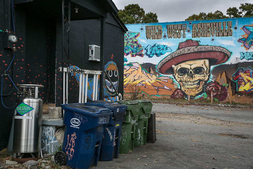 A colorful wall mural adorns a building in the quirky West Asheville neighborhood.