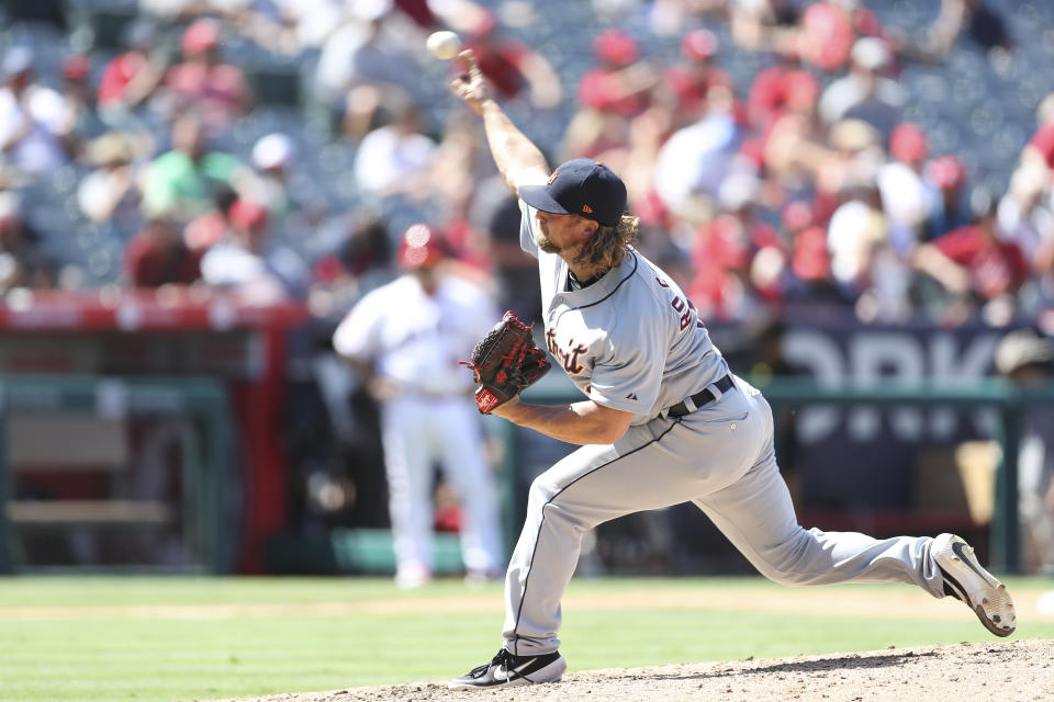 ANAHEIM, CA - JULY 31: Detroit Tigers relief pitcher Trevor Rosenthal (19) pitches in relief for Detroit during the game between the Detroit Tigers and the Los Angeles Angels of Anaheimon July 31, 2019, at Angel Stadium of Anaheim in Anaheim, CA. (Photo by Peter Joneleit/Icon Sportswire via Getty Images)