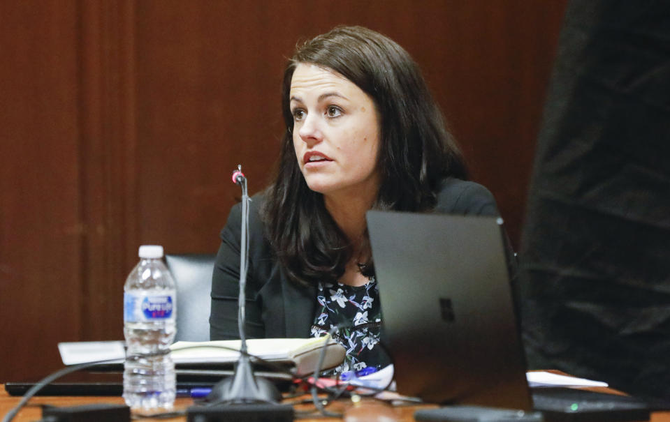 Defense attorney Jennifer Frese cross examines a witness during the trial of Cristhian Bahena Rivera at the Scott County Courthouse in Davenport, Iowa, on Wednesday, May 19, 2021. Rivera is charged with first-degree murder in the death of Mollie Tibbetts. (Jim Slosiarek/The Gazette via AP, Pool)