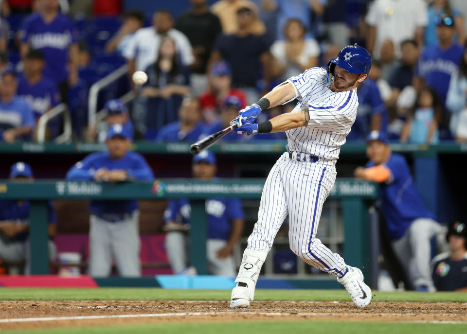 MIAMI, FL - MARCH 12: Spencer Horwitz #4 of Team Israel singles in the eighth inning of Game 3 of Pool D between Team Nicaragua and Team Israel at loanDepot Park on Sunday, March 12, 2023 in Miami, Florida. (Photo by Rob Tringali/WBCI/MLB Photos via Getty Images)