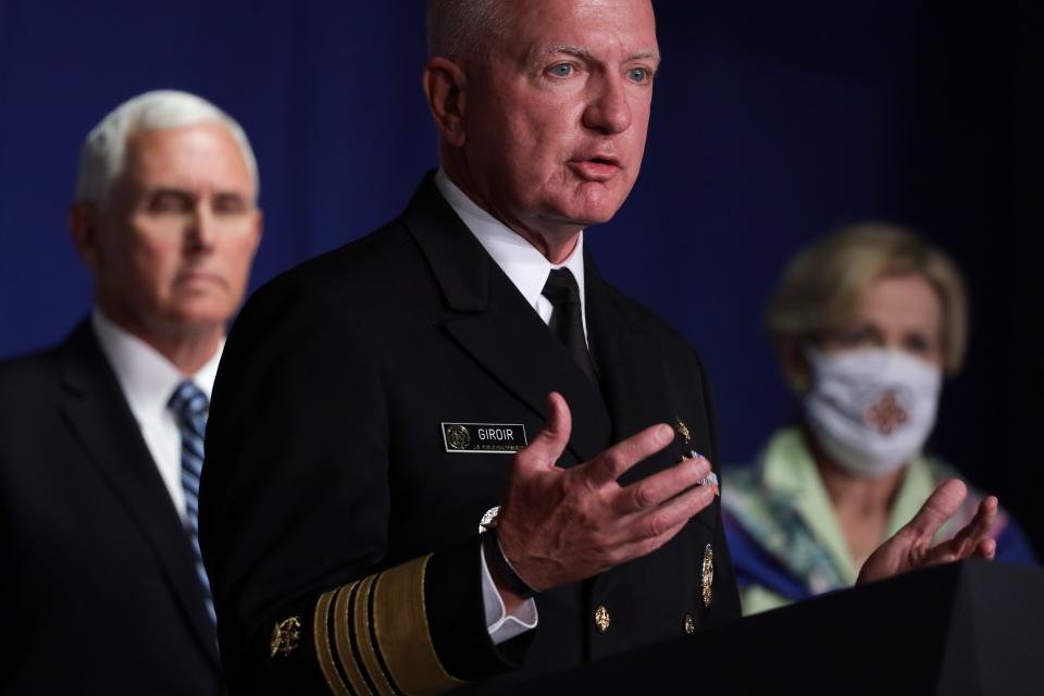 Admiral Brett Giroir, assistant secretary for health at the Department of Health and Human Services, speaks as Vice President Mike Pence. and White House coronavirus response coordinator Deborah Birx listen during a White House Coronavirus Task Force press briefing at the Department of Education Washington, July 8, 2020.