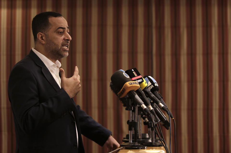 Bahraini citizen Ebrahim Sarhan speaks during a press conference by SALAM for Democracy and Human Rights, a non-governmental organization that follows human rights abuses in the Middle East, in Beirut, Lebanon, Thursday, April 25, 2019. SALAM released a 30-page report on sexual torture in Bahrain Thursday that said such acts in the kingdom's jails are "widespread" and "systematic." (AP Photo/Hassan Ammar)