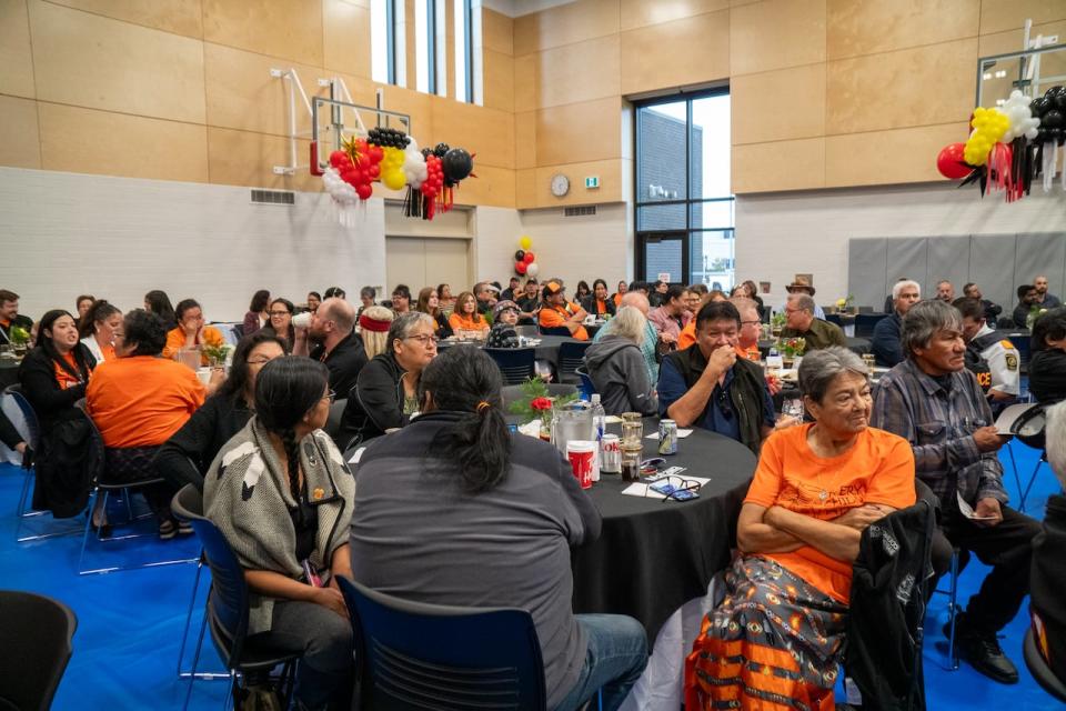 Community members and dignitaries gather at the Matawa Education and Care Centre in Thunder Bay, Ont. to celebrate the completion of its construction and renovations.