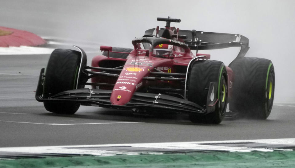 Ferrari driver Charles Leclerc of Monaco steers his car during the qualifying session for the British Formula One Grand Prix at the Silverstone circuit, in Silverstone, England, Saturday, July 2, 2022. The British F1 Grand Prix is held on Sunday July 3, 2022. (AP Photo/Frank Augstein)