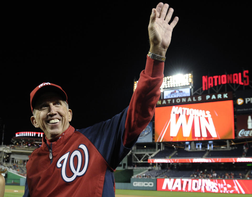 FILE - In this Sept. 22, 2013, file photo, Washington Nationals manager Davey Johnson waves to fans after his team defeated the Miami Marlins at Nationals Park in Washington, Sept. 22, 2013. Johnson, Jim Leyland, Lou Piniella and Cito Gaston are among eight men on the ballot for the Hall of Fame’s contemporary era committee for managers, executives and umpires that meets on Dec. 3, 2023, at the winter meetings in Nashville, Tenn. (AP Photo/Susan Walsh, File)