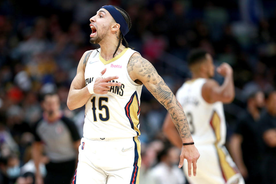 NEW ORLEANS, LOUISIANA - FEBRUARY 10: Jose Alvarado #15 of the New Orleans Pelicans reacts after scoring a three point basket during the fourth quarter of an NBA game against the Miami Heat at Smoothie King Center on February 10, 2022 in New Orleans, Louisiana .  NOTE TO USER: User expressly acknowledges and agrees that, by downloading and or using this photograph, User is consenting to the terms and conditions of the Getty Images License Agreement.  (Photo by Sean Gardner/Getty Images)