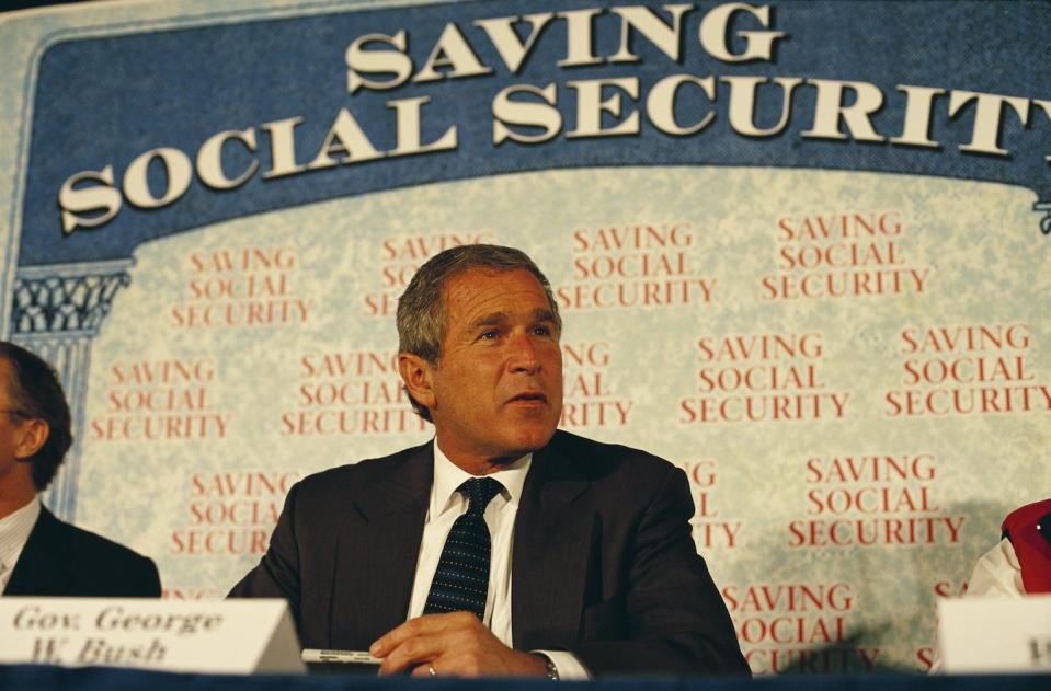 George W. Bush sought to reform Social Security early in his presidency. <a href="https://www.gettyimages.com/detail/news-photo/george-bush-speaks-about-social-security-during-a-news-photo/525606778" rel="nofollow noopener" target="_blank" data-ylk="slk:Brooks Kraft LLC/Sygma via Getty Images;elm:context_link;itc:0;sec:content-canvas" class="link ">Brooks Kraft LLC/Sygma via Getty Images</a>