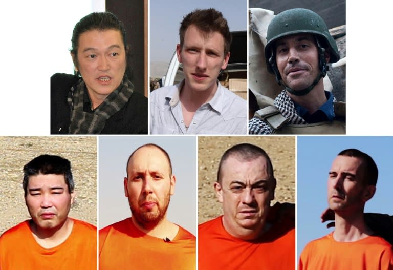 Victims of the Islamic State kidnapping and beheading gang known as "The Beatles": (Top L to Bottom R) Japanese freelance video journalist Kenji Goto, US aid worker Peter "Abdel-Rahman" Kassig, US freelance reporter James Foley, Japanese national Haruna Yukawa, US freelance writer Steven Sotloff, British national Alan Henning and British aid worker David Haines