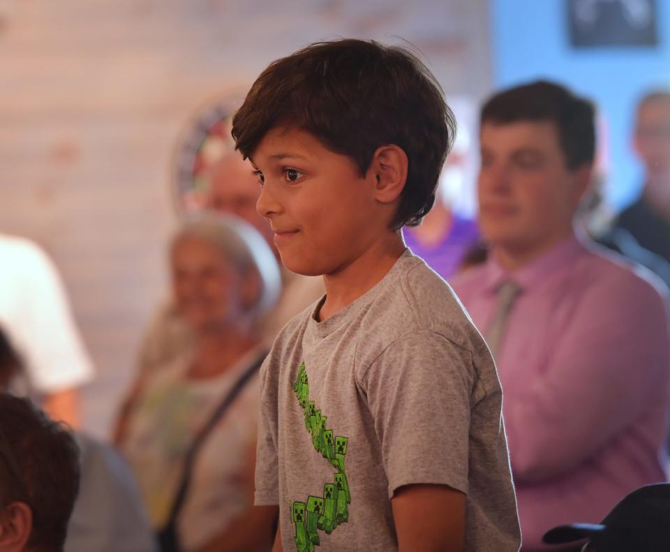 Republican presidential hopeful Nikki Haley brought her campaign to the Plankowner Brewing Company in Boiling Springs on Thursday, Sept. 7, 2023. Felizia and Neil Mulchan, of Greer, son, Kai Mulchan, 7, got a chance to ask Nikki Haley a question. Here, Kai reacts as Nikki Haley takes the question.