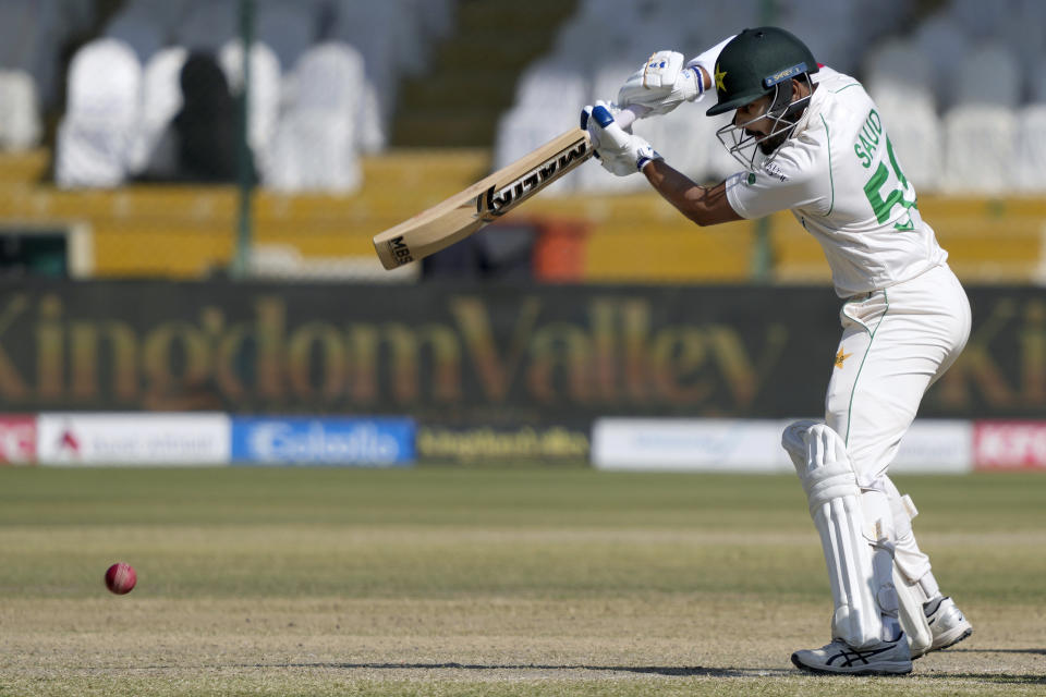 Pakistan's Saud Shakeel plays a shot during the fifth day of the second test cricket match between Pakistan and New Zealand, in Karachi, Pakistan, Friday, Jan. 6, 2023. (AP Photo/Fareed Khan)