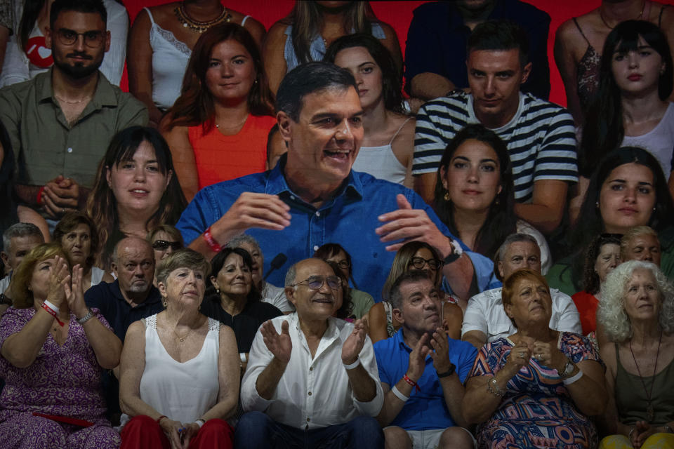 Spain's Prime Minister and Socialist Workers' Party candidate Pedro Sánchez speeches during a campaigning meeting in Barcelona, Spain, Sunday, July 16, 2023. Spain's elections Sunday will be a battle between two leftist and two rightist parties that are teaming up to form possible coalitions. Pedro Sánchez, Spain's prime minister since 2018, is facing re-election with recent ballots and most of polls against him. (AP Photo/Emilio Morenatti)