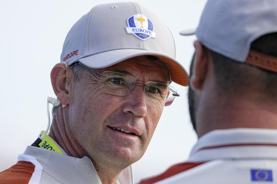 Team Europe captain Padraig Harrington is seen during a four-ball match the Ryder Cup at the Whistling Straits Golf Course Saturday, Sept. 25, 2021, in Sheboygan, Wis. (AP Photo/Jeff Roberson)