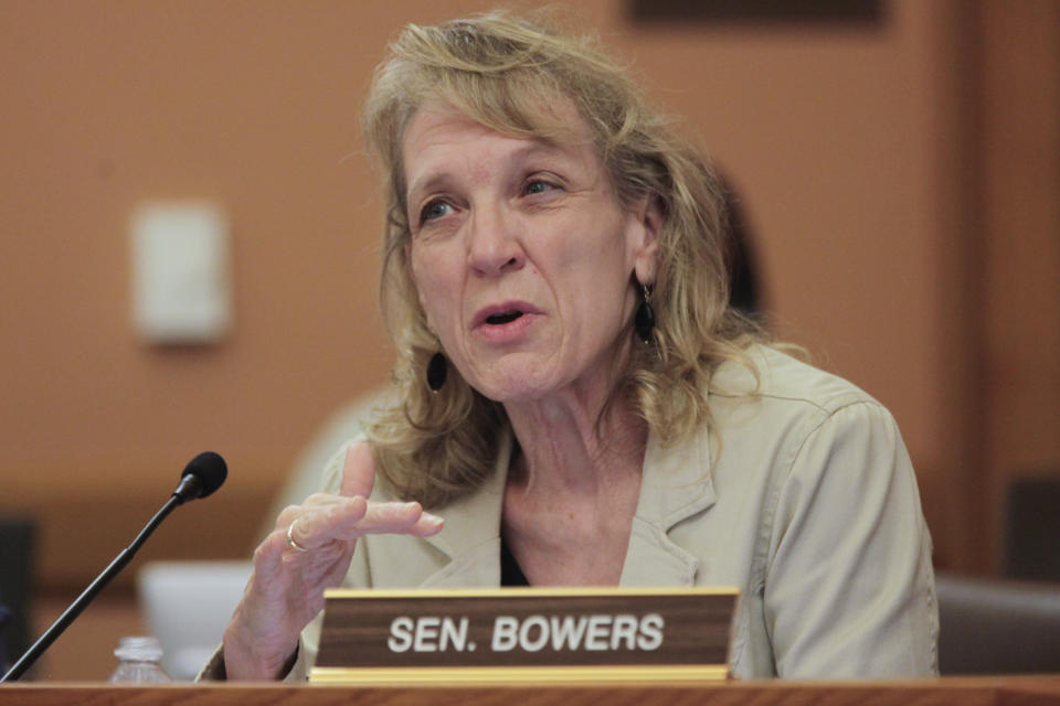 Kansas state Sen. Elaine Bowers, R-Concordia, praises Keystone pipeline operator TC Energy for its response to a December oil spill in Washington County, during a Senate Utilities Committee hearing, Tuesday, March 14, 2023, at the Statehouse in Topeka, Kan. Her district includes the oil spill site and she says she got regular updates from the Canada-based company. (AP Photo/John Hanna)