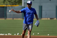 Israel Olympic baseball player Danny Valencia takes fielding practice at Salt River Fields spring training facility, Wednesday, May 12, 2021, in Scottsdale, Ariz. Israel has qualified for the six-team baseball tournament at the Tokyo Olympic games which will be its first appearance at the Olympics in any team sport since 1976. (AP Photo/Matt York)