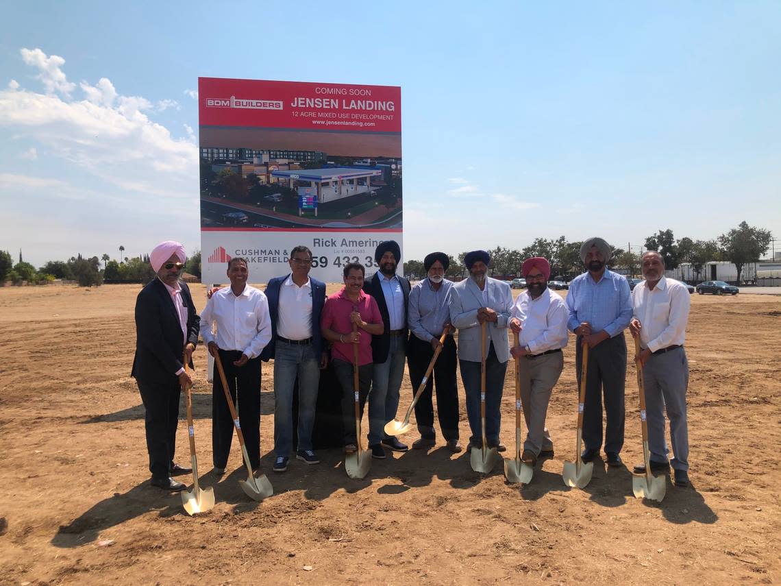 The BDM Builders team breaks ground on the Jensen Landing mixed-use development project in Southeast Fresno on Wednesday July 27, 2022. Co-founder Harpreet Dhillon said the company developed project the with “a lot of feedback from the Calwa community.”