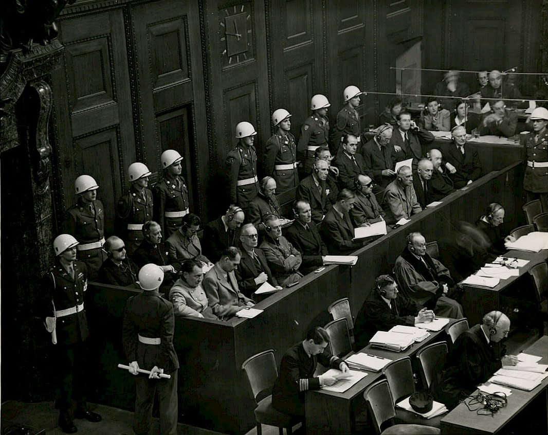 The defendants in the courtroom during the Einsatzgruppen trial.