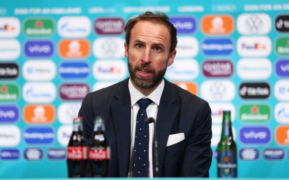 In this handout picture provided by UEFA, Gareth Southgate, Head Coach of England speaks to the media during the England Press Conference after UEFA Euro 2020 Championship Final between Italy and England at Wembley Stadium on July 11, 2021 in London, England - UEFA/UEFA via Getty Images