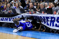 <p>Myles Powell #13 of the Seton Hall Pirates dives into the press table in the second half against the Wofford Terriers during the first round of the 2019 NCAA Men’s Basketball Tournament at Jacksonville Veterans Memorial Arena on March 21, 2019 in Jacksonville, Florida. </p>