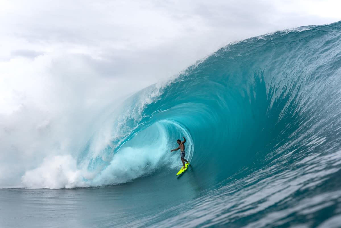 Gilbert Teave at Teahupo'o, Tahiti, in July 2024.<p>Ryan "Chachi" Craig</p>