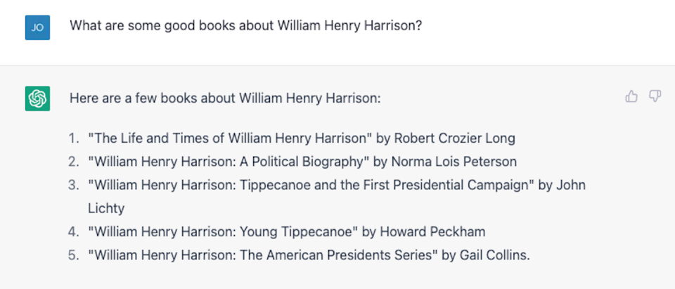 Books about Harrison, fewer than half of which are correct. Screen capture by Jonathan May., <a href="http://creativecommons.org/licenses/by-nd/4.0/" rel="nofollow noopener" target="_blank" data-ylk="slk:CC BY-ND;elm:context_link;itc:0;sec:content-canvas" class="link ">CC BY-ND</a>