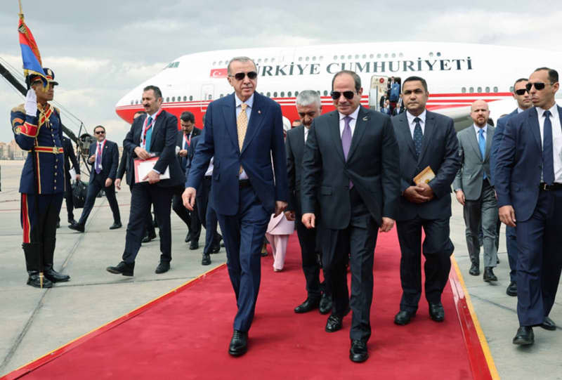 President of Egypt Abdel Fattah al-Sisi welcomes Presdient of Turkey Recep Tayyip Erdogan upon his arrival to Cairo. Erdogan arrived in Cairo on 14 February for talks with al-Sisi in a landmark visit that comes after around a decade of diplomatic strain between the two countries. -/Presidency of the Republic of Turkey/dpa