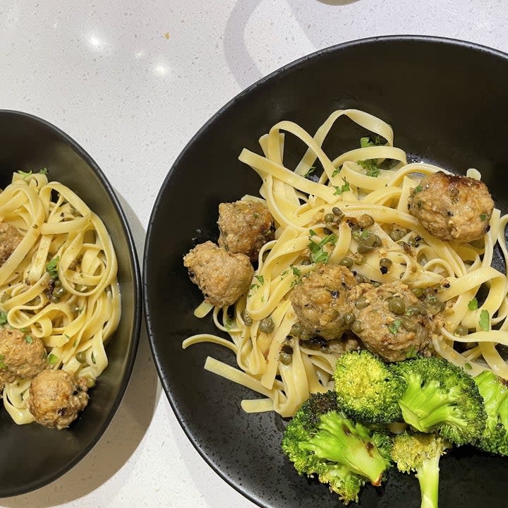 lemon chicken piccata meatballs with broccoli in a bowl