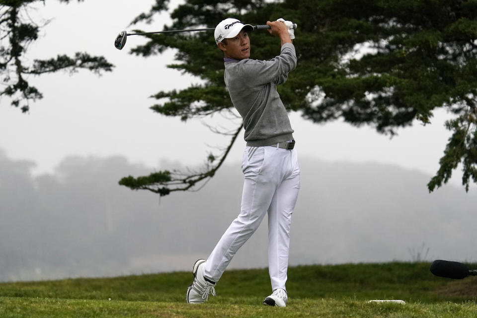 Collin Morikawa watches his tee shot on the 16th hole during the final round of the PGA Championship golf tournament at TPC Harding Park Sunday, Aug. 9, 2020, in San Francisco. (AP Photo/Jeff Chiu)