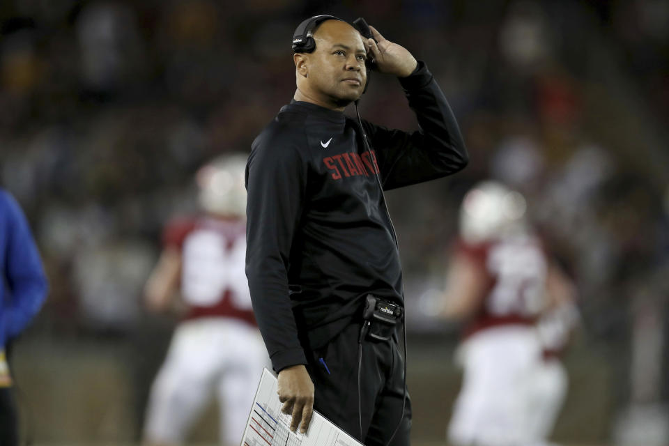 Stanford coach David Shaw stands on the sideline during the first half of the team's NCAA college football game against California in Stanford, Calif., Saturday, Nov. 20, 2021. (AP Photo/Jed Jacobsohn)