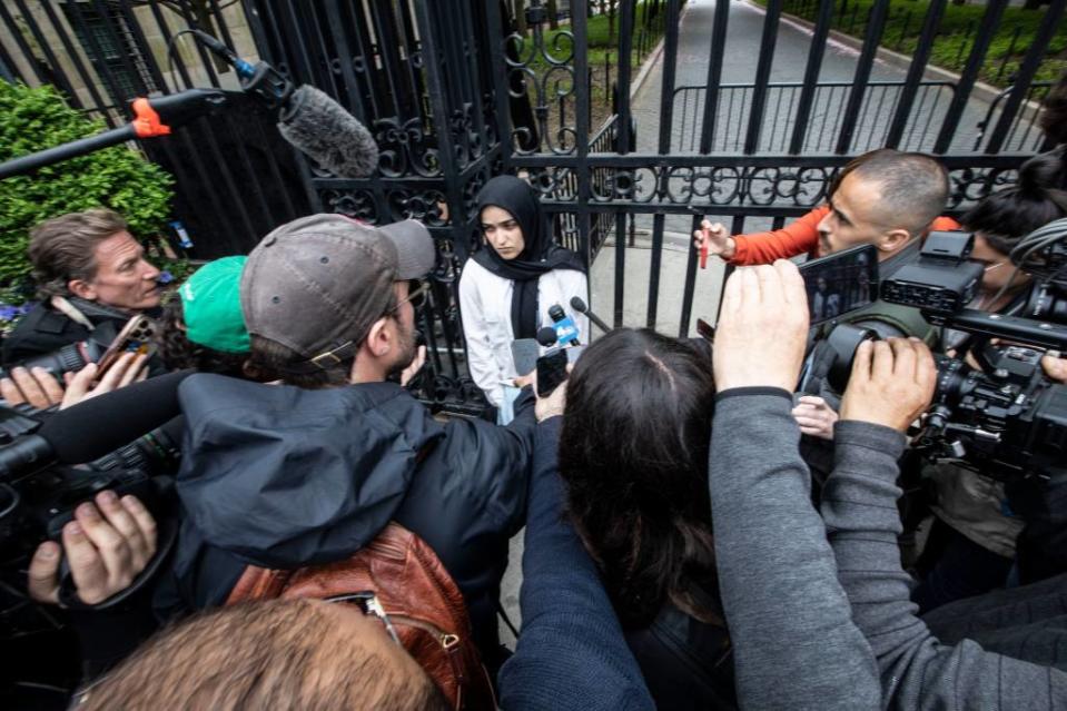 Columbia University encampment protester Sueda Polat whined to reporters Tuesday that the school disrupted students with the campus lockdown. Seth Harrison/The Journal News / USA TODAY NETWORK