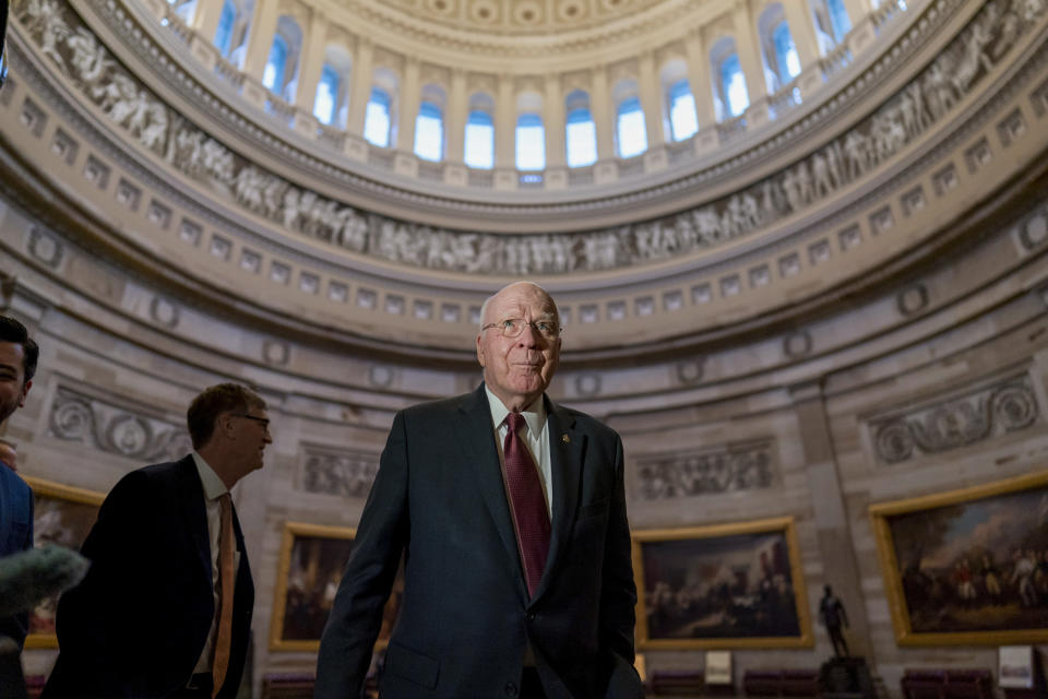 Sen. Patrick Leahy, D-Vt., the president pro temper of the Senate, walks past the Rotunda as he discusses his life in the Senate and his Vermont roots during an Associated Press interview at the Capitol in Washington, Monday, Dec. 19, 2022. The U.S. Senate's longest-serving Democrat, Leahy is getting ready to step down after almost 48 years representing his state in the U.S. Senate. (AP Photo/J. Scott Applewhite)