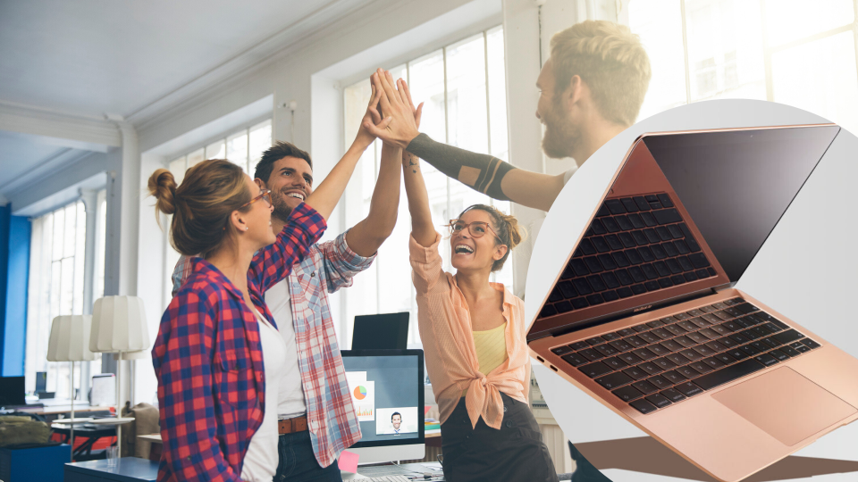 Pictured: Apple Mac in rose gold, excited office workers high five. Images: Getty