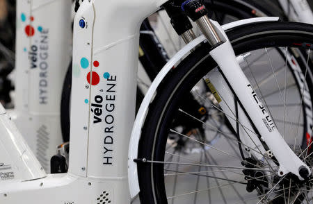 Detail of the Alpha bike, the first industrialised bicycle to use a hydrogen fuel cell, is displayed at the Pragma Industries factory in Biarritz, France, January 15, 2018. REUTERS/Regis Duvignau