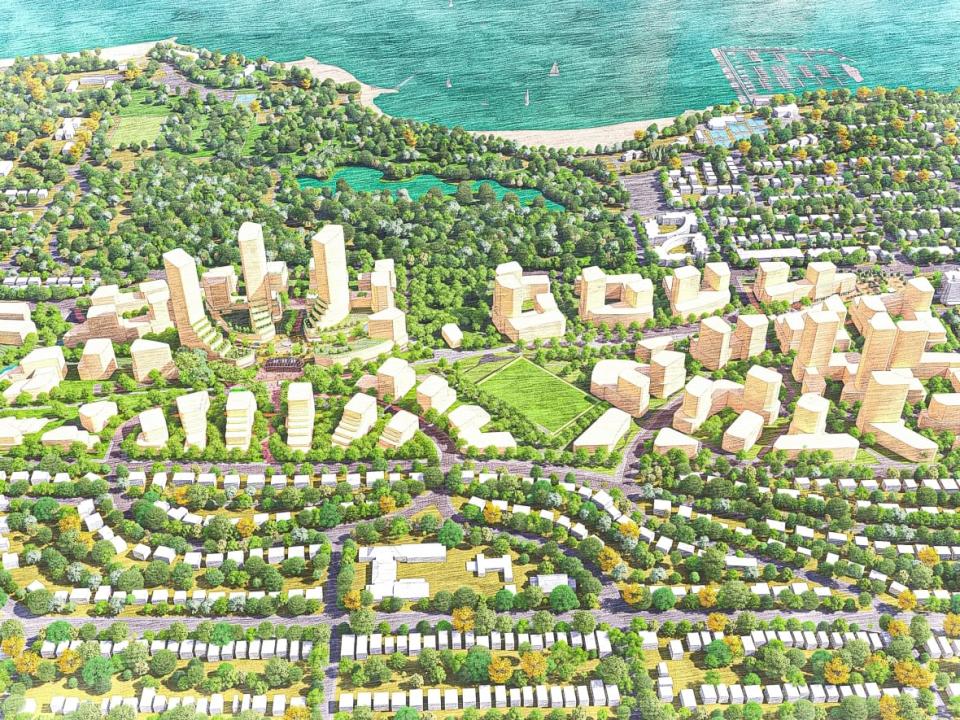 One of the two development concepts proposed for the Jericho Lands on Vancouver's West Side unveiled by city planners. Both concepts include three towers and 15,000 to 18,000 residents on the land.  (City of Vancouver - image credit)