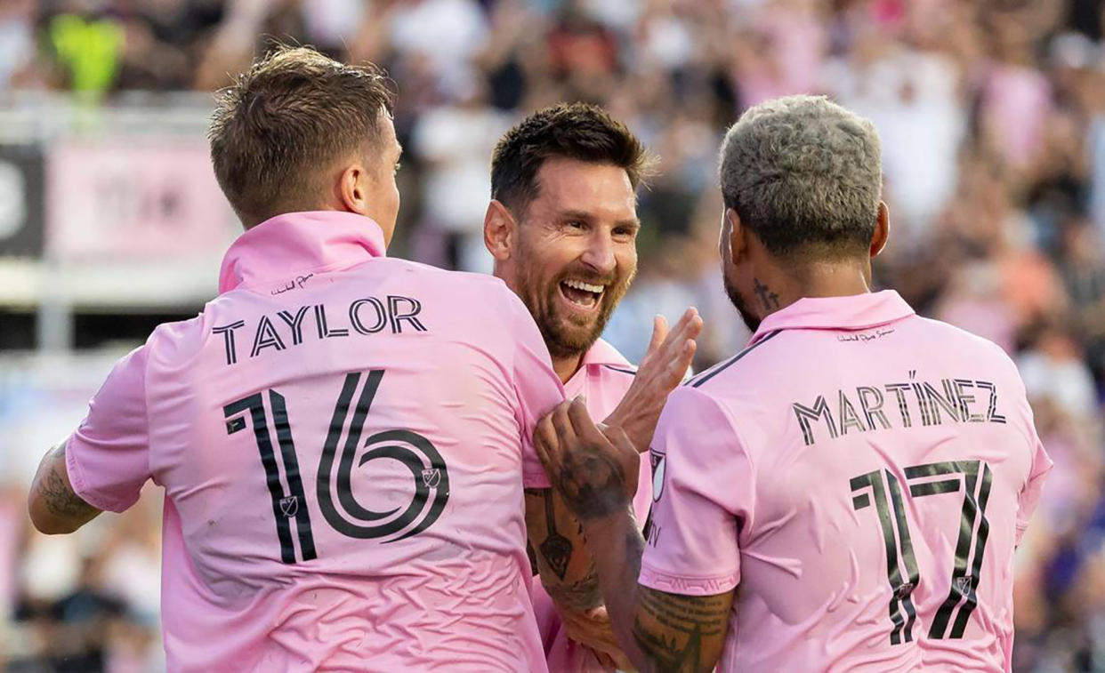 Inter Miami's Lionel Messi, middle, celebrates with Robert Taylor (16) and Josef MartÃ­nez (17) after scoring a second goal against Atlanta United in the first half of a Leagues Cup group stage match at DRV PNK Stadium on Tuesday, July 25, 2023, in Fort Lauderdale, Florida. (Matias J. Ocner/Miami Herald/Tribune News Service via Getty Images)