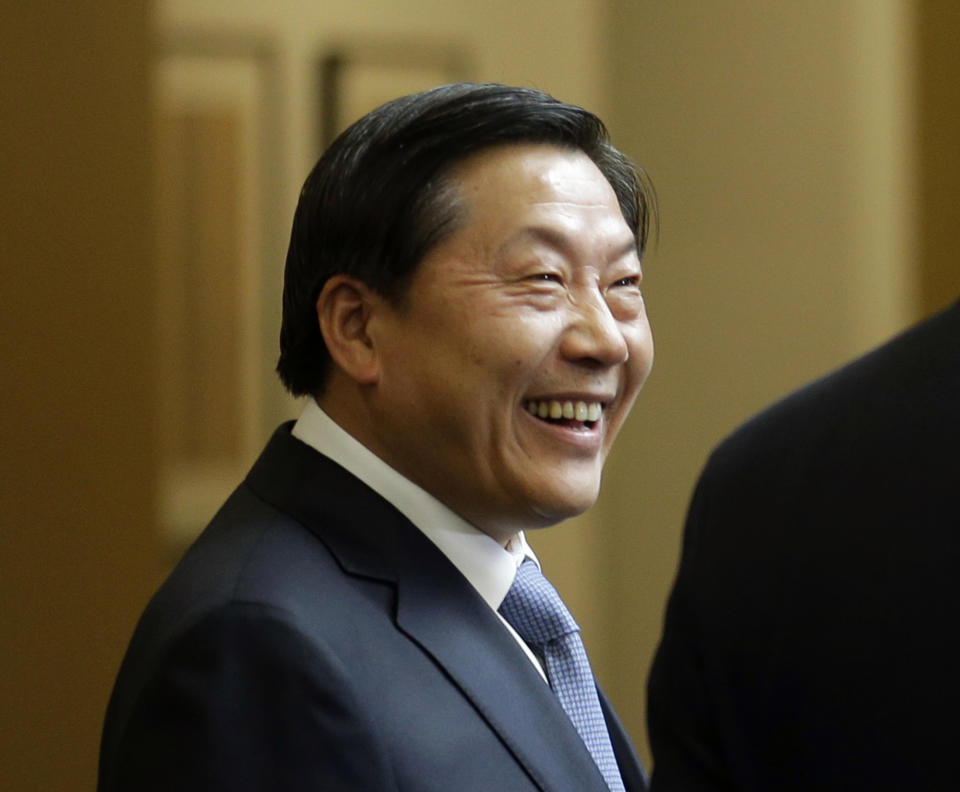 FILE - In this Sept. 23, 2015, file photo, China's Internet czar Lu Wei attends a gathering of CEOs and other executives at Microsoft's main campus in Redmond, Wash. Lu was standing trial Friday, Oct. 19, 2018 on corruption allegations, state media reported. (AP Photo/Ted S. Warren, Pool, File)