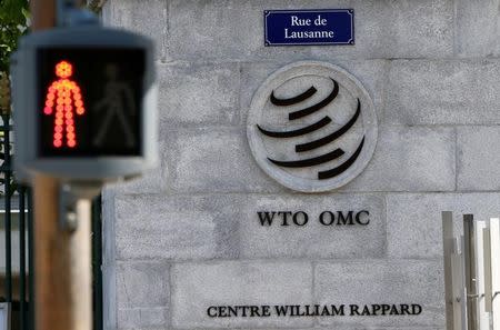 FILE PHOTO: The headquarters of the World Trade Organization (WTO) are pictured in Geneva, Switzerland, April 12, 2017. REUTERS/Denis Balibouse/File Photo