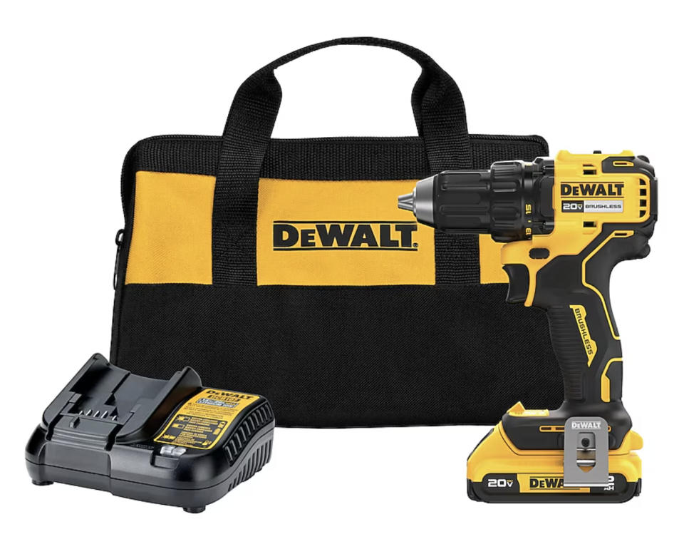 DeWalt 20V cordless drill and driver kit includes a power drill, battery charger, and storage bag