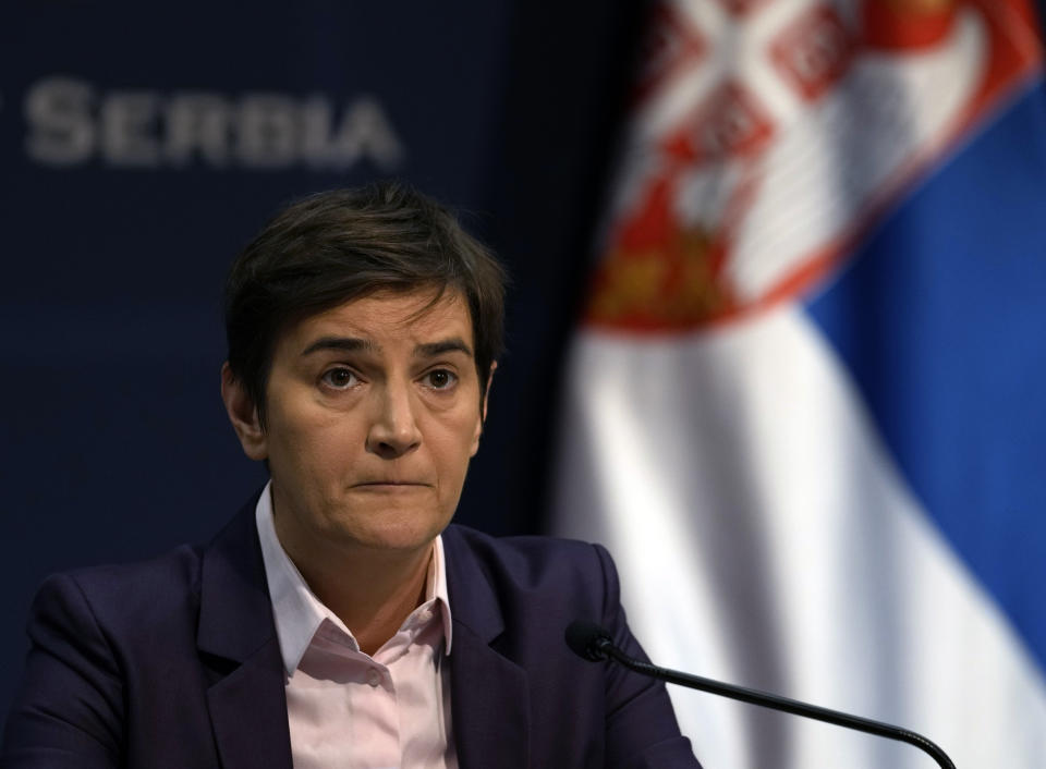 Serbian Prime Minister Ana Brnabic speaks during a press conference in Belgrade, Serbia, Thursday, Jan. 20, 2022. Trying to defuse protests by environmentalists, Serbia's populist government declared Thursday it is canceling all rights that would help mining giant Rio Tinto launch a lithium mine in the Balkan country. (AP Photo/Darko Vojinovic)