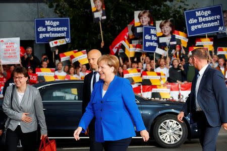 German Chancellor Angela Merkel of the Christian Democratic Union (CDU) arrives for a TV debate with her challenger Germany's Social Democratic Party SPD candidate for chancellor Martin Schulz in Berlin, Germany, September 3, 2017. REUTERS/Fabrizio Bensch