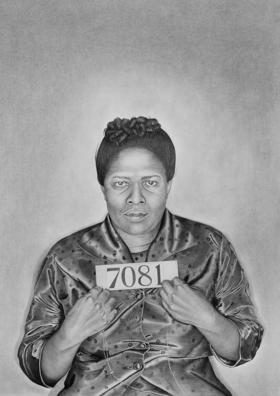 Lava Thomas, Mrs. Lottie Green Varner, 2018, from the series, Mugshot Portraits: Women of the Montgomery Bus Boycott, graphite and Conté pencil on paper, 47 x 33 1/4 inches, Collection of David and Pamela Hornik, Palo Alto, California.