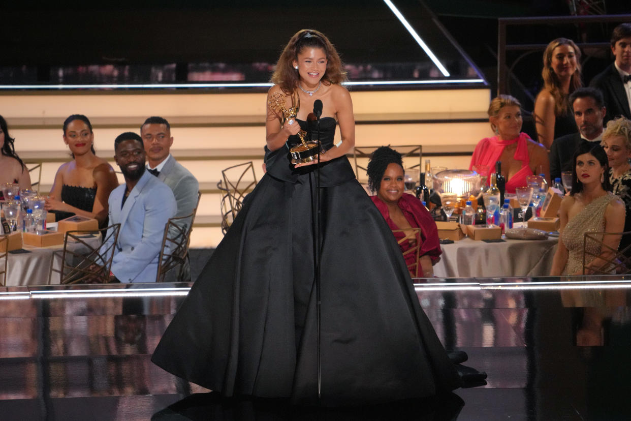 LOS ANGELES, CALIFORNIA - SEPTEMBER 12: Zendaya accepts the Outstanding Lead Actress in a Drama Series award for â€˜Euphoriaâ€™ onstage during the 74th Primetime Emmys at Microsoft Theater on September 12, 2022 in Los Angeles, California. (Photo by Kevin Mazur/WireImage)