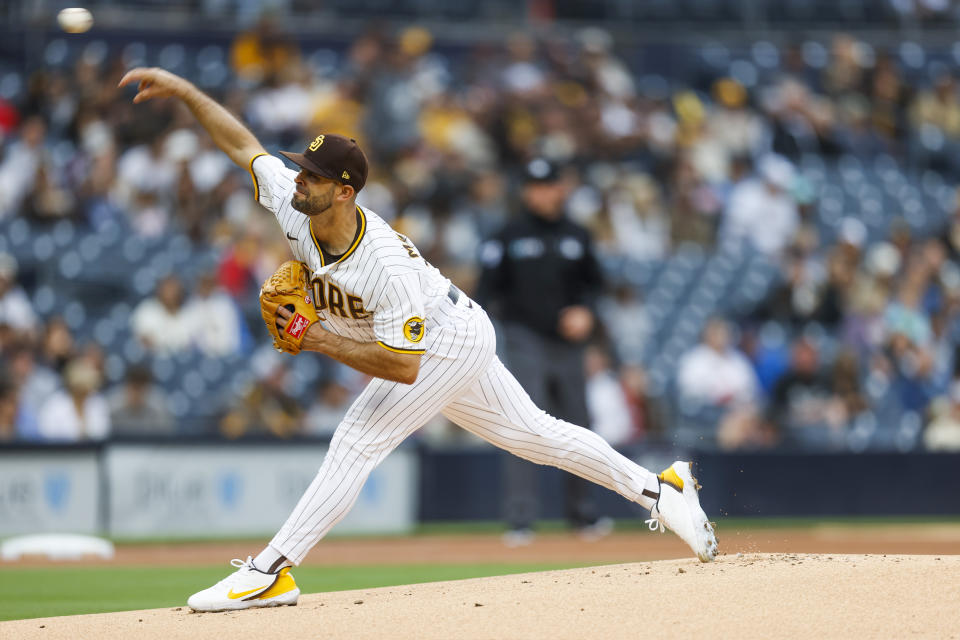 San Diego Padres starting pitcher Nick Martinez delivers against the Milwaukee Brewers during the first inning of a baseball game Monday, May 23, 2022, in San Diego. (AP Photo/Mike McGinnis)