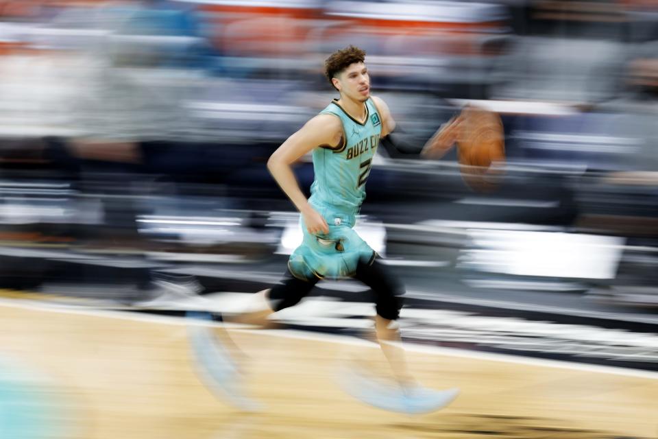 LaMelo Ball #2 of the Charlotte Hornets brings the ball up court during the third quarter of their game against the Golden State Warriors at Spectrum Center on Feb. 20, 2021 in Charlotte, N.C. (Jared C. Tilton / Getty Images file)