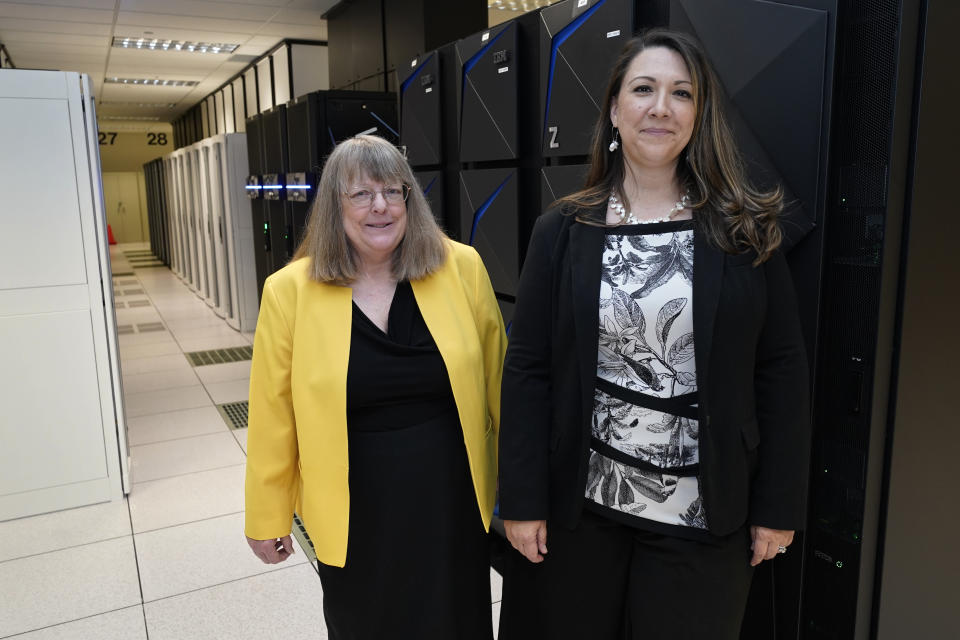 In this July 19, 2021, photo Amanda Crawford, right, and Nancy Rainosek, left, pose for a photo inside the state's Information Resources Data Center in Austin, Texas. (AP Photo/Chuck Burton)