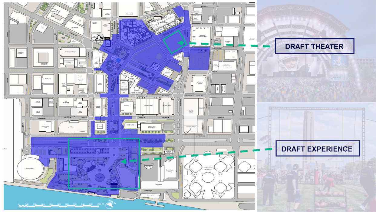 A map provided by Visit Detroit on Tuesday, March 5, 2024, ahead of the 2024 NFL draft, highlights the location for the draft theater and the draft experience. The draft is scheduled for April 25-27 in Detroit.