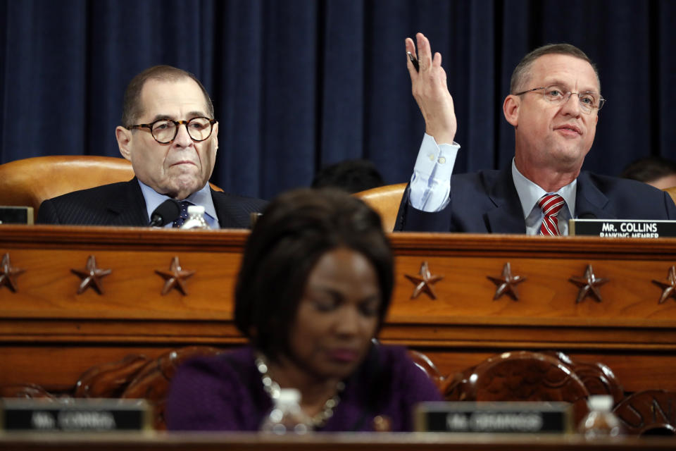 House Judiciary Committee ranking member Doug Collins (R-Ga.), right, gives his opening statement as Chairman Jerry Nadler (D-N.Y.) presides over a House Judiciary Committee markup of the articles of impeachment against President Donald Trump.&nbsp; (Photo: Jacquelyn Martin/ASSOCIATED PRESS)