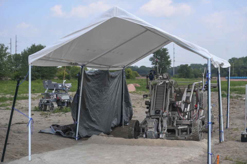 A team of engineering students and faculty from South Dakota State University known as the Space Trajectory team test their robotics system as part of NASA's Break the Ice challenge in Brookings, South Dakota on Wednesday, Aug. 9, 2023.