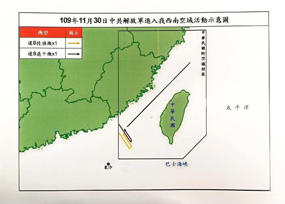 中國軍機「運-8技術偵察機」及「運-8遠干機」各一架次今（30）日進入台灣西南空域防空識別區（ADIZ）。（圖／國防部提供）