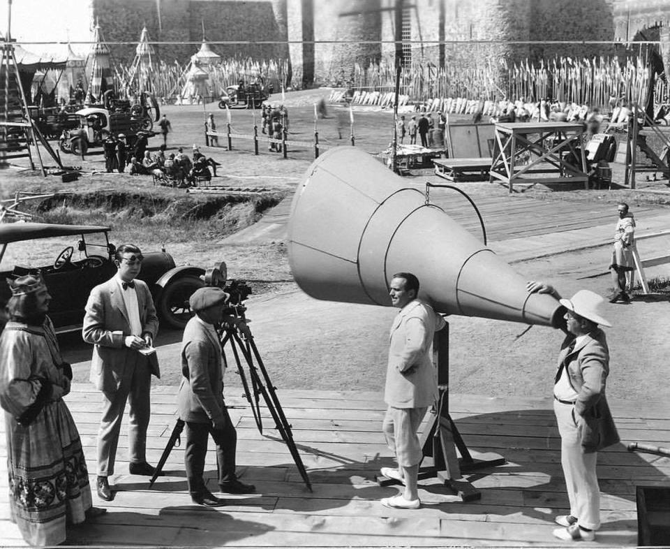 Douglas Fairbanks (center) and director Allan Dwan (right) man a giant megaphone during production of 'Robin Hood' (1922), to be shown with live music on Wednesday, June 29 at 7 p.m. at the Leavitt Theatre, 259 Main St. Route 1, Ogunquit, Maine. Tickets $12 per person, general seating. For more info, call (207) 646-3123 or visit www.leavittheatre.com.