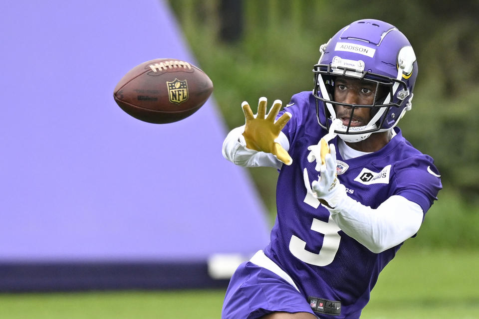 EAGAN, MN - MAY 12: Minnesota Vikings Wide Receiver Jordan Addison (3) makes a catch during the first day of Minnesota Vikings Rookie Mini-camp at TCO Performance Center on May 12, 2023 in Eagan, MN.(Photo by Nick Wosika/Icon Sportswire via Getty Images)